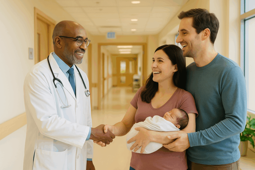 Friendly Kaiser Permanente doctor greets a smiling family with newborn at a hospital in Denver, Colorado.